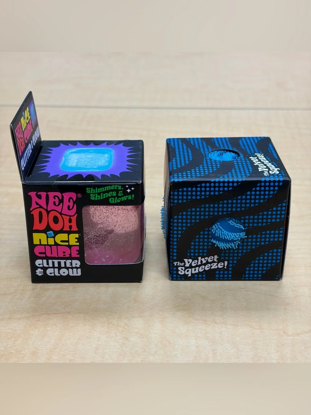 Lot of 2: Needoh Fuzz Ball Wonder/Nice Cube Glitter & Glow Fidget Blue/Pink New
